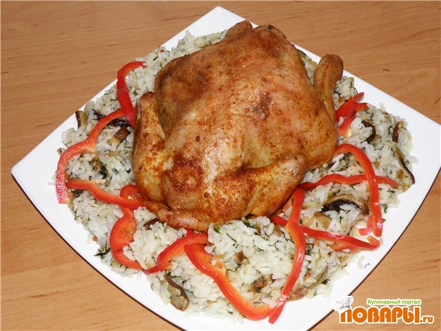 Рецепт Курочка аппетитная на рисовой подушке с белыми грибами