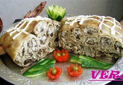 Курица, фаршированная блинами