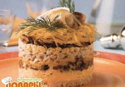 Рецепт: Салат-торт с курицей и грибами